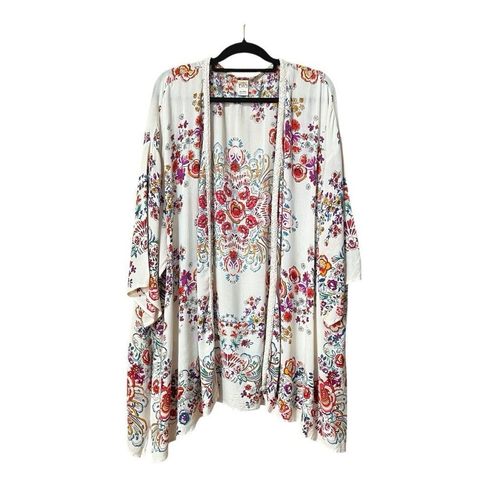 Bila Size L/XL Floral Open Front Cardigan Kimono Cream Boho Crinkle Rayon
